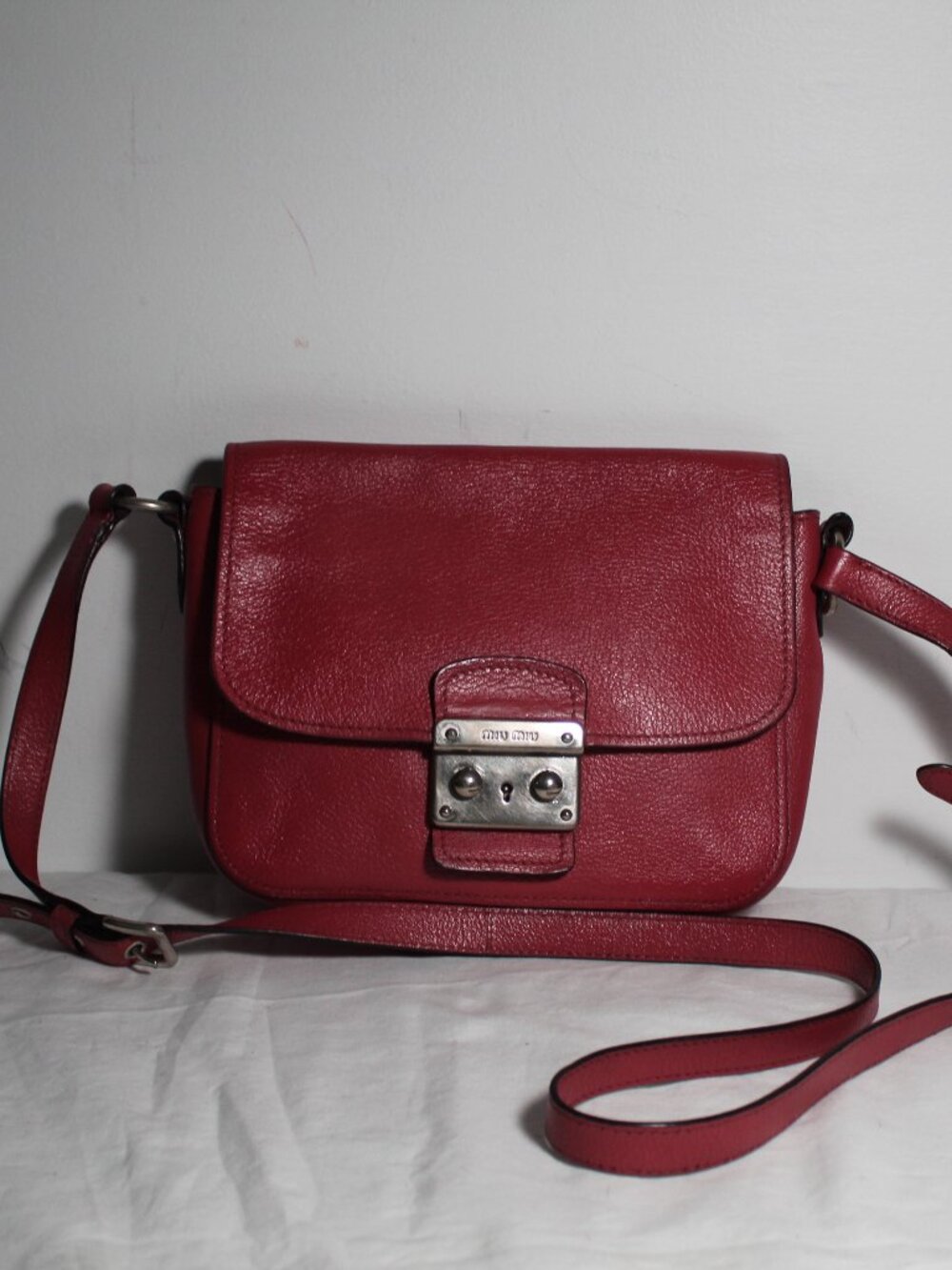 MIU MIU Red Goatskin Leather Madras Push Lock Crossbody Shoulder Bag